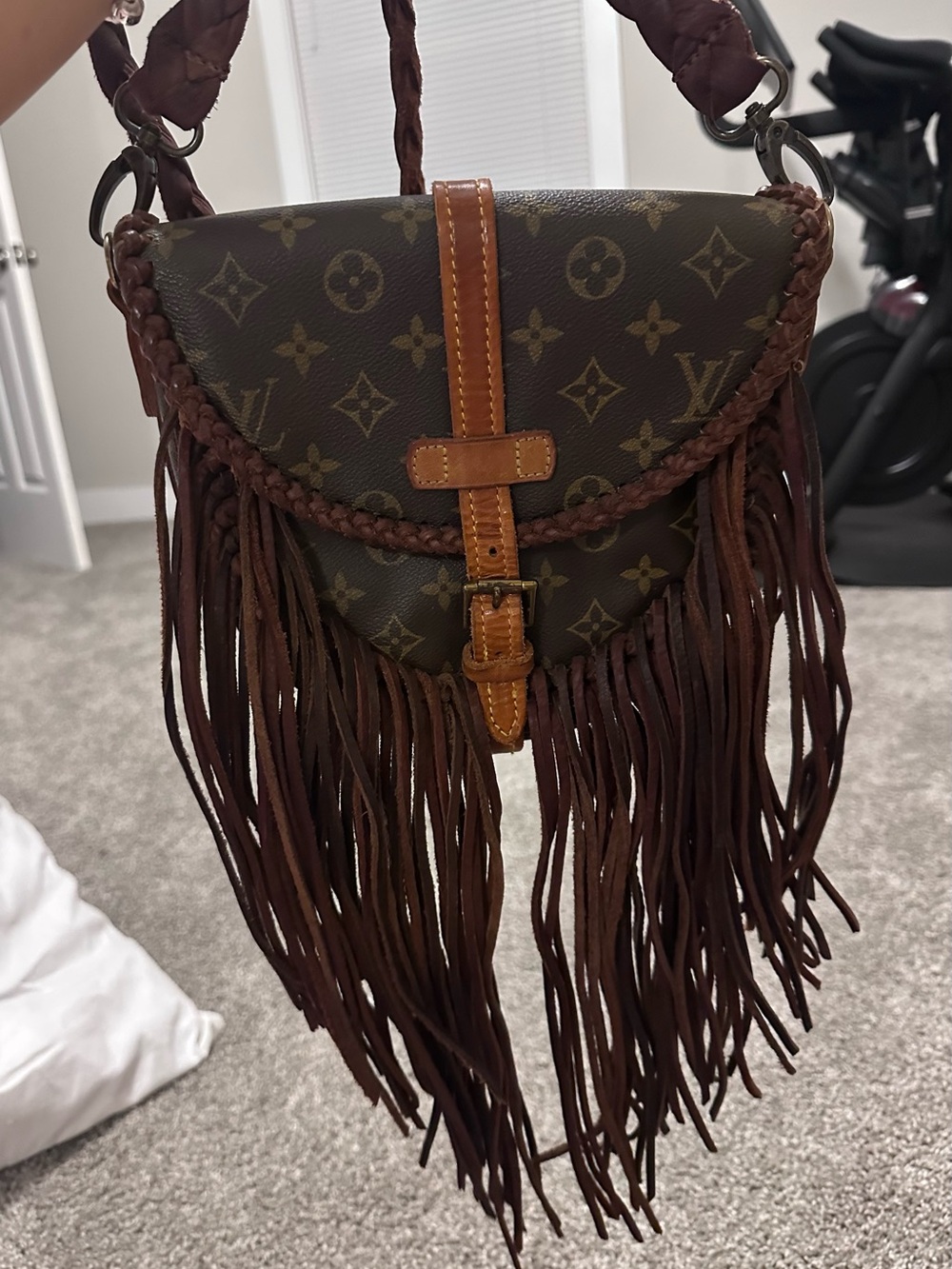 Vintage Boho Bag - Brown Monogram Fringe Crossbody with Tan Trim